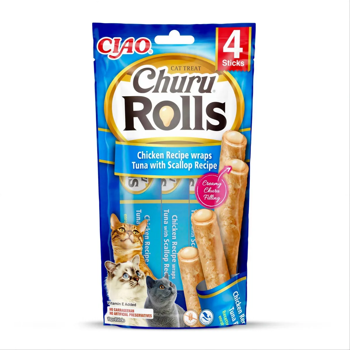 Inaba Churu Rolls Cat Treats - Chicken wraps Tuna with Scallop Recipe 4 sticks