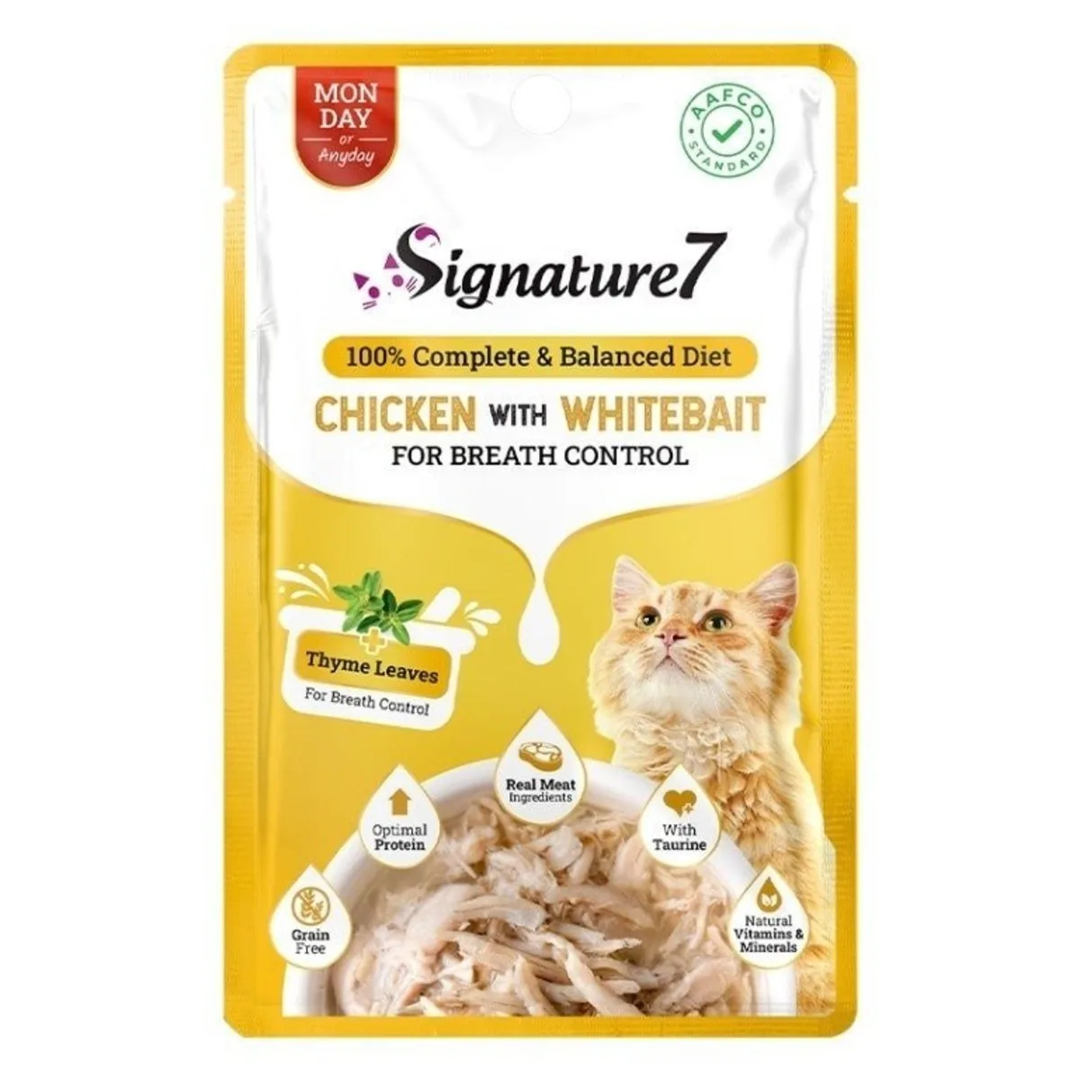 Signature7 - طعام رطب للقطط البالغة بقطع الدجاج والوايت بيت (سمك الأبيض الصغير) في مرق