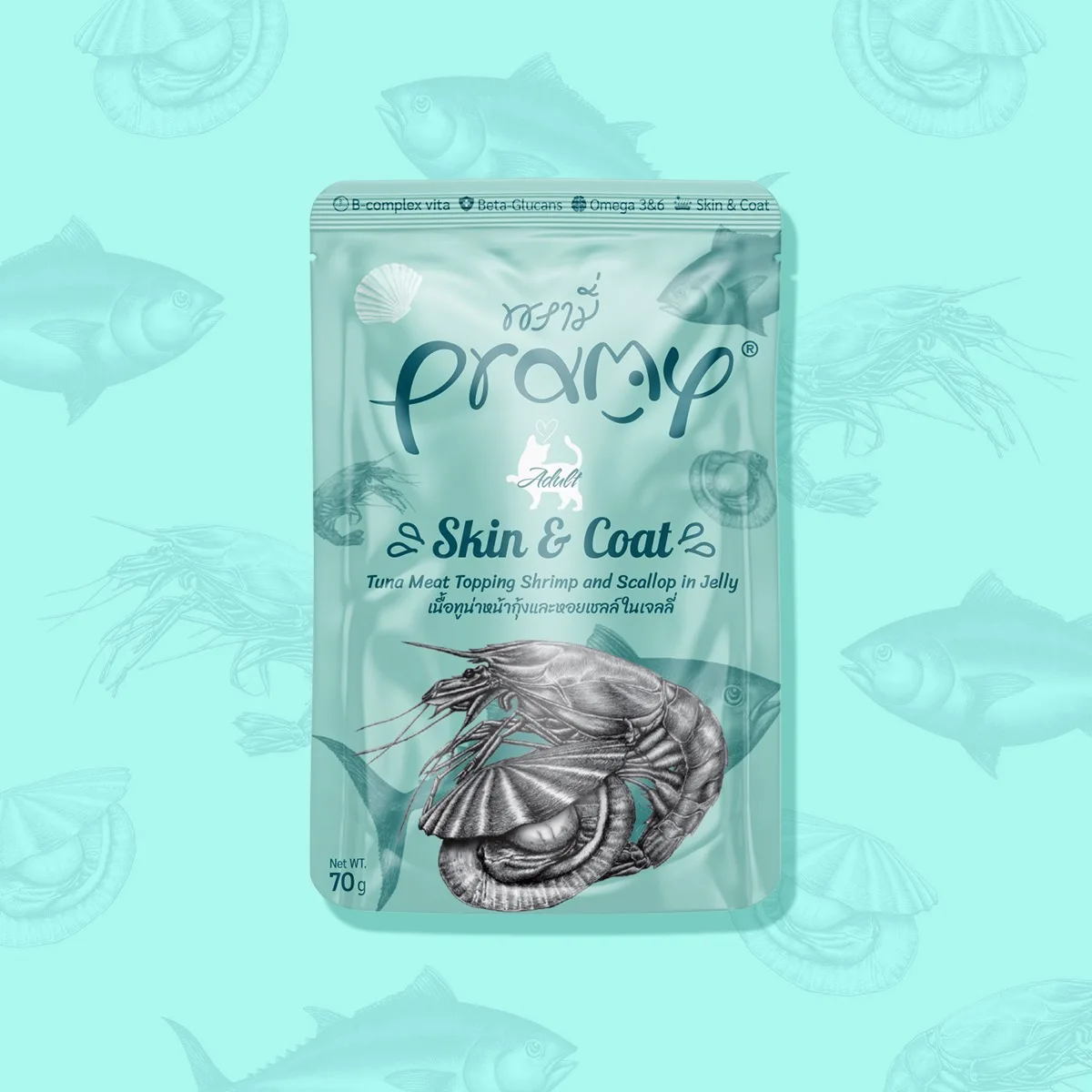 Pramy Functional Skin & Coat Tuna Topping Shrimp and Scallop in Jelly Recipe 70g