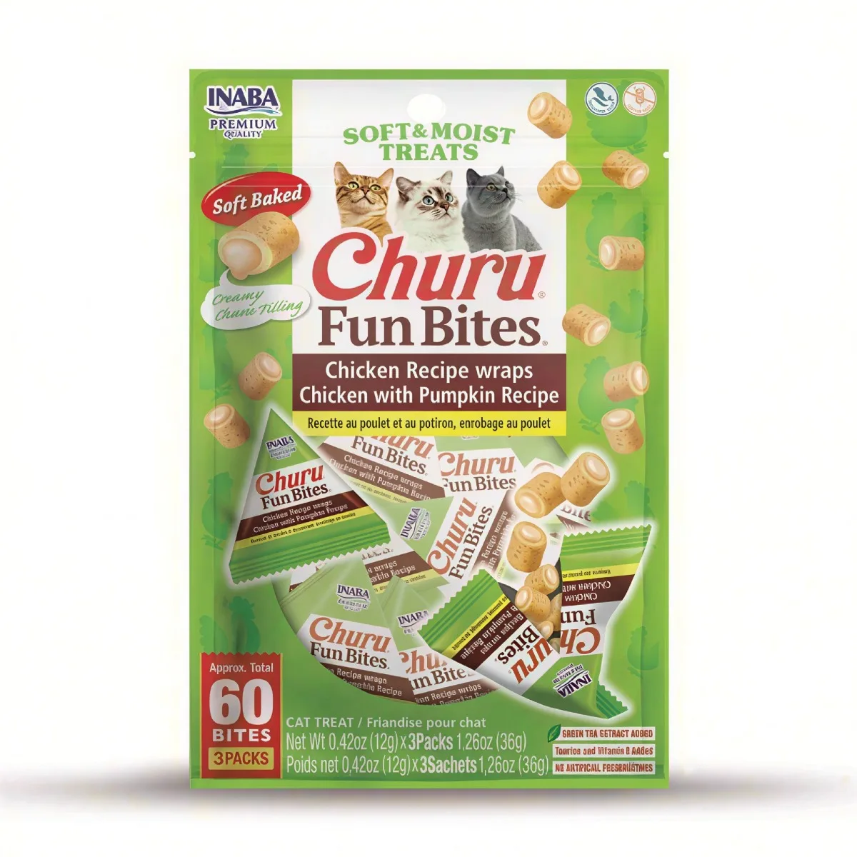 Inaba Churu Fun Bites Chicken Recipe wraps Chicken with Pumpkin Recipe Cat Treats 3x12g (36g)